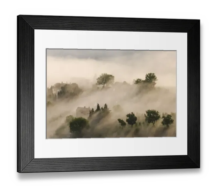 Framed Print : Italy, Tuscany. Morning fog drifts over vineyards with sun breaking through