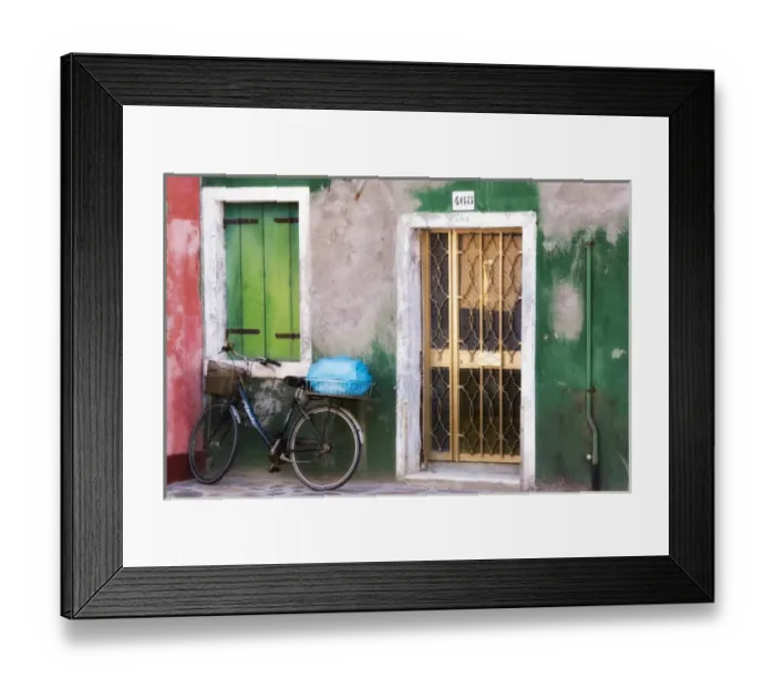 Framed Print : Italy, Venice. An old bicycle leans against a weathered house on the island of Burano Framed Print : Italy, Venice. An old bicycle leans against a weathered house on the island of Burano