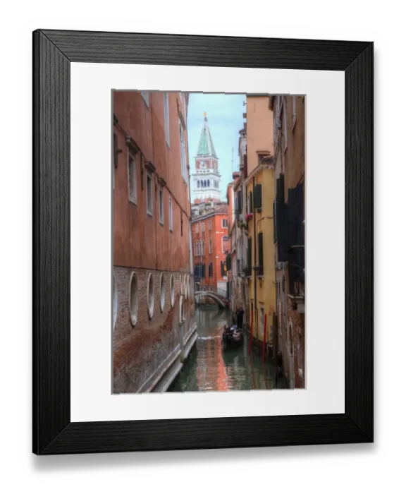 Framed Print : Belltower St. Marks Square seen through narrow canal, Venice Italy