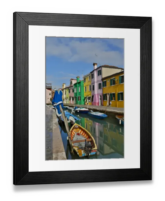 Framed Print : Boats docked along canal with the Colorful Homes of Burano, Italy Framed Print : Boats docked along canal with the Colorful Homes of Burano, Italy