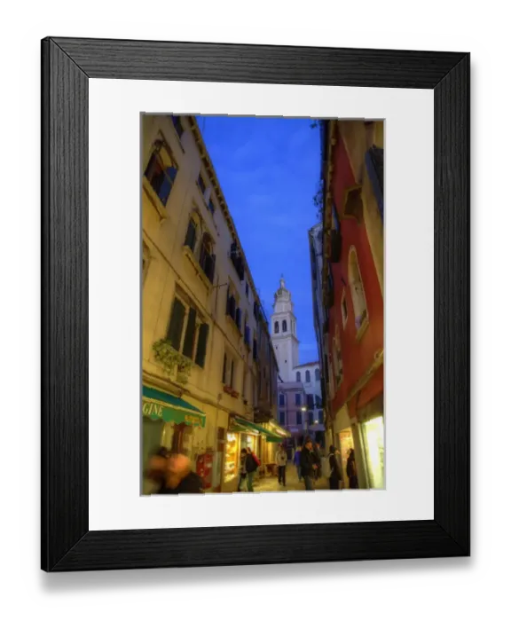 Framed Print : Evening street scene with Bell Tower in background, Venice Italy