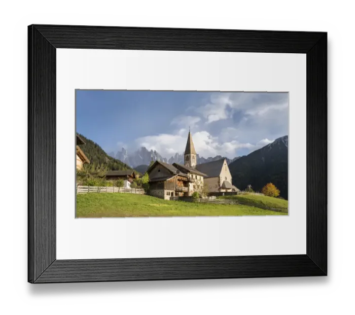 Framed Print : The church Sankt Magdalena in the Villnoess valley in the Dolomites during autumn