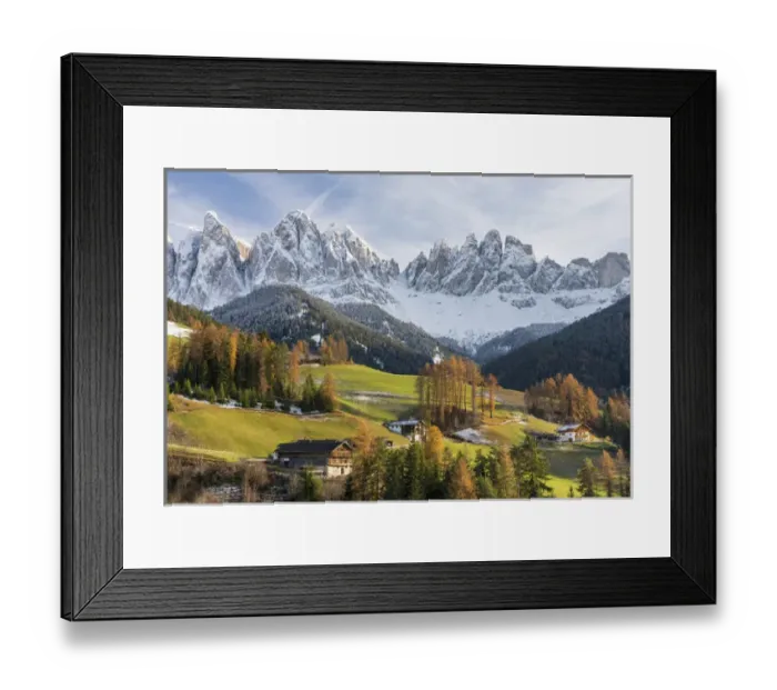 Framed Print : The village Sankt Magdalena in the Villnoess valley in the Dolomites during autumn