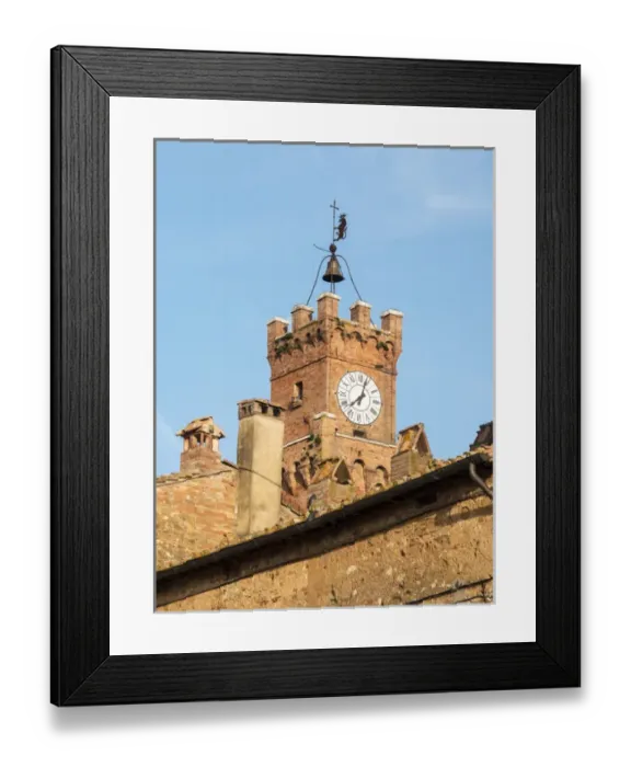Framed Print : Europe, Italy, Tuscany, Pienza. Clock tower in the small town of Pienza