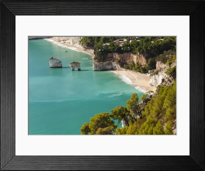 Framed Print : View of Zagare Bay and two sea stacks, Gargano Promontory, Apulia, Italy Framed Print : View of Zagare Bay and two sea stacks, Gargano Promontory, Apulia, Italy