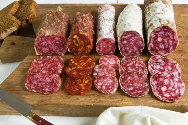Different type of Tuscan salami, Tuscany, Italy
