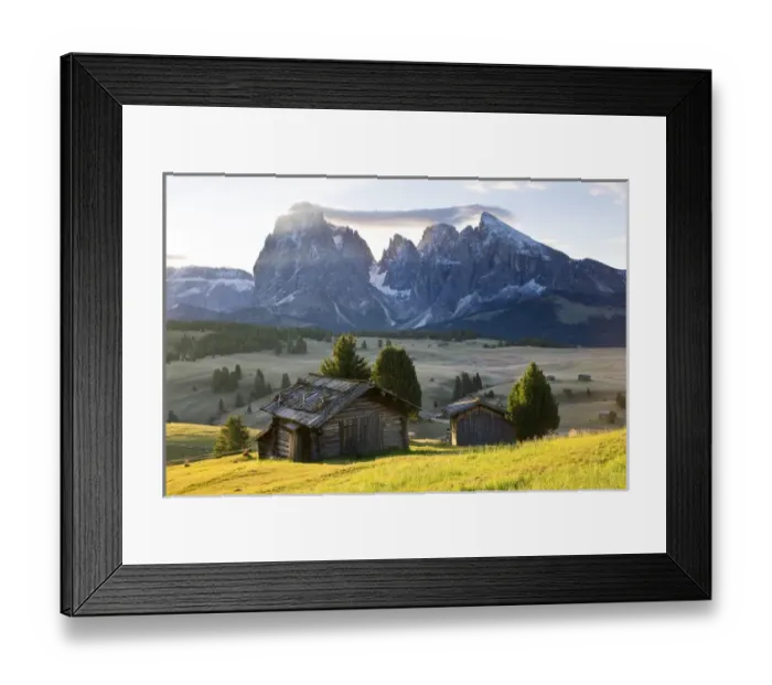 Framed Print : Mountain cabins, Seiser Alm Sassolungo (Langkofel), Alpe di Siusi, Trentino-Alto Adige