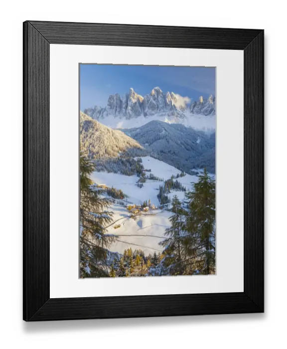 Framed Print : Winter snow; St. Magdalena village; Geisler Spitzen (3060m); Val di Funes; Dolomites Framed Print : Winter snow; St. Magdalena village; Geisler Spitzen (3060m); Val di Funes; Dolomites