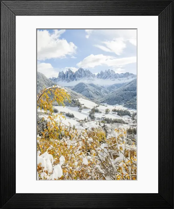Framed Print : Winter snow, St. Magdalena village, Geisler Spitzen (3060m), Val di Funes, Dolomites mountains Framed Print : Winter snow, St. Magdalena village, Geisler Spitzen (3060m), Val di Funes, Dolomites mountains