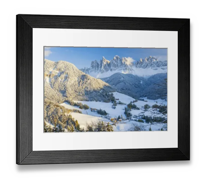 Framed Print : Winter snow; St. Magdalena village; Geisler Spitzen (3060m); Val di Funes; Dolomites