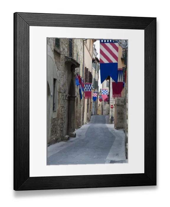 Framed Print : Europe; Italy; Umbria; San Gemini; Streets of San Gemini deck out with Festival Flags