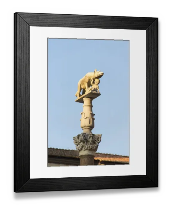 Framed Print : Europe, Italy, Siena. She-Wolf Romulus & Remus statue on pillar in Piazza del Duomo