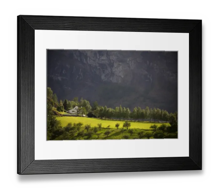 Framed Print : Europe, Norway, Flam. Sunlit farm in Flam mountains Framed Print : Europe, Norway, Flam. Sunlit farm in Flam mountains