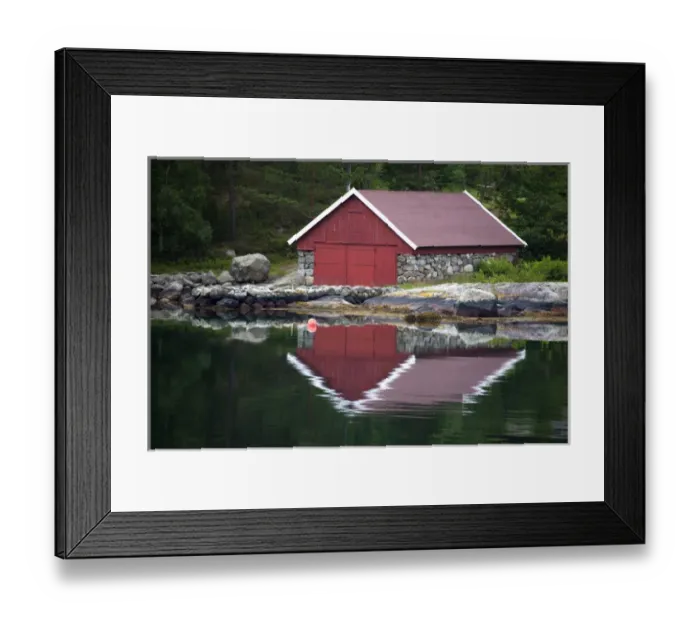 Framed Print : Europe, Norway, Stavanger. Boathouse and reflection on Lysefjord Framed Print : Europe, Norway, Stavanger. Boathouse and reflection on Lysefjord