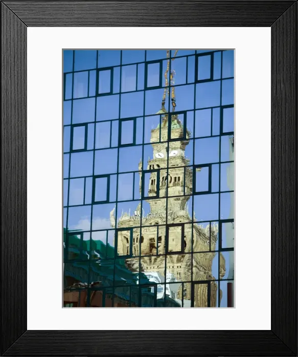 Framed Print : Europe, Poland, Warsaw. Old building reflects in new building