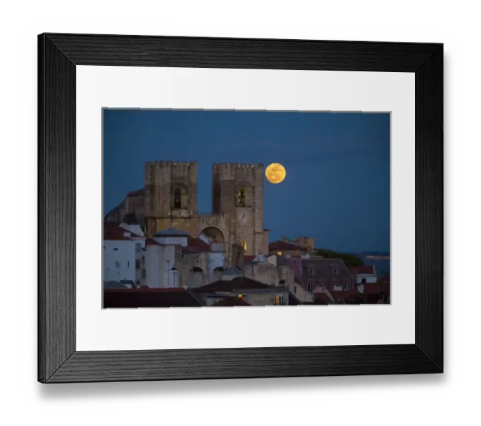 Framed Print : Europe, Portugal, Lisbon. Lisbon Cathedral and full moon