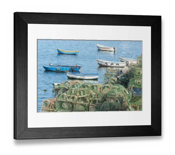 Framed Print : Europe, Portugal, Cascais, lobster traps and fishing boats Framed Print : Europe, Portugal, Cascais, lobster traps and fishing boats