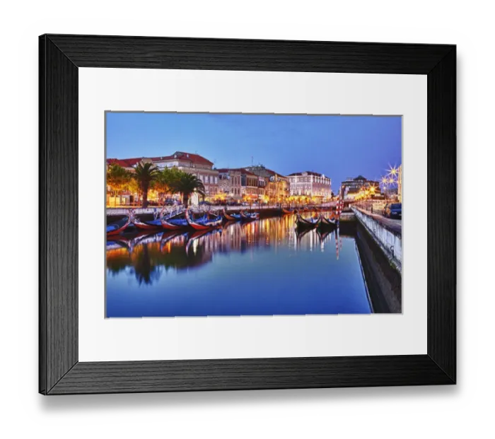 Framed Print : Europe; Portugal; Averio; Moliceiro Boats Along the main canal of Averio With Night Lights Framed Print : Europe; Portugal; Averio; Moliceiro Boats Along the main canal of Averio With Night Lights