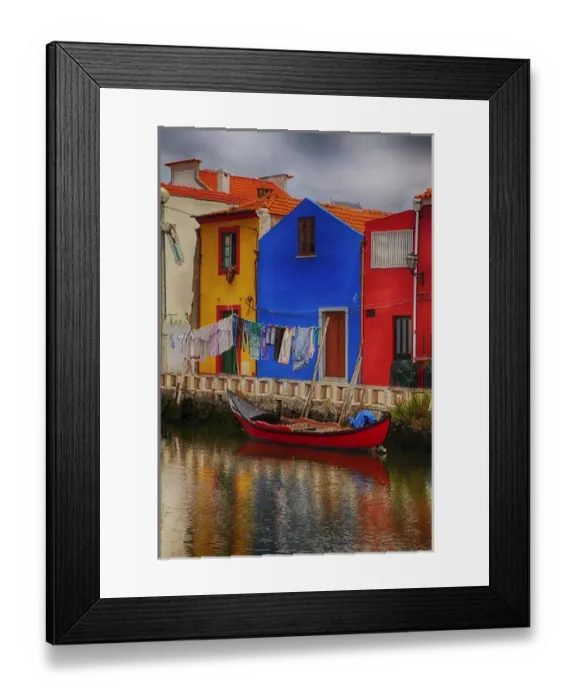 Framed Print : Europe; Portugal; Averio; Moliceiro Boats Along the main canal of Averio With Night Lights