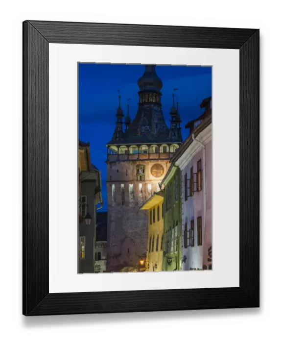Framed Print : Romania, Transylvania, Sighisoara, clock tower, built in 1280, evening