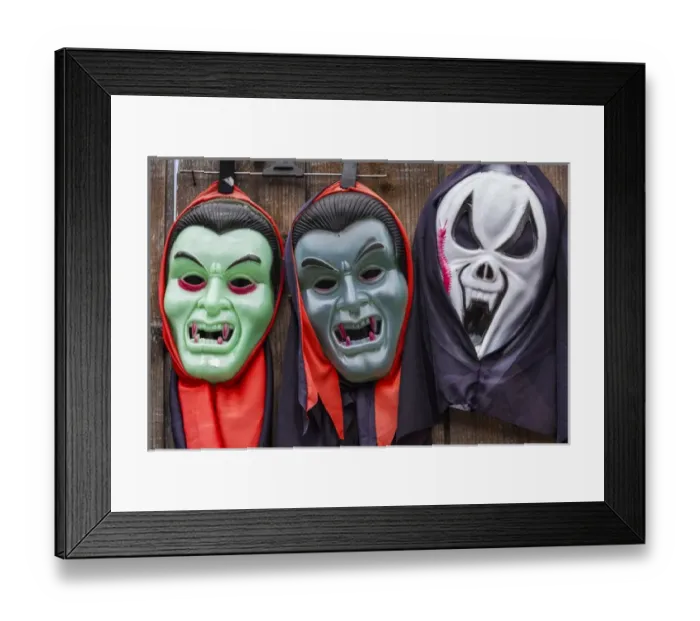 Framed Print : Romania, Transylvania, Tihuta Pass, souvenir market, horror-themed masks Framed Print : Romania, Transylvania, Tihuta Pass, souvenir market, horror-themed masks