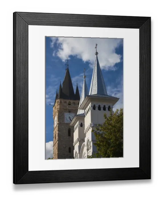 Framed Print : Romania, Maramures Region, Baia Mare, steeples of St. Stephans Tower and St Framed Print : Romania, Maramures Region, Baia Mare, steeples of St. Stephans Tower and St