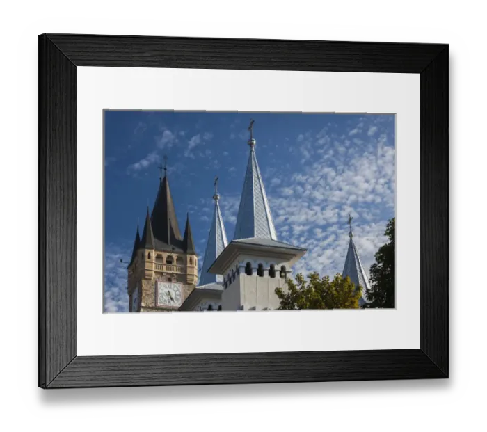 Framed Print : Romania, Maramures Region, Baia Mare, steeples of St. Stephans Tower and St