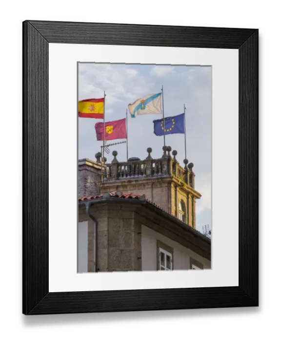 Framed Print : Spain, Santiago. European union and Portugal Flags flying atop a tower near the Cathedral Framed Print : Spain, Santiago. European union and Portugal Flags flying atop a tower near the Cathedral