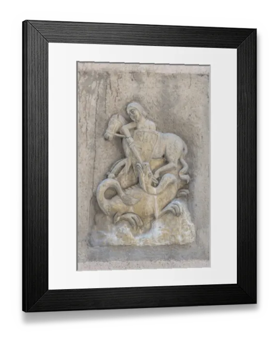 Framed Print : Europe, Spain, Barcelona, relief sculpture of St. George slaying the dragon Framed Print : Europe, Spain, Barcelona, relief sculpture of St. George slaying the dragon