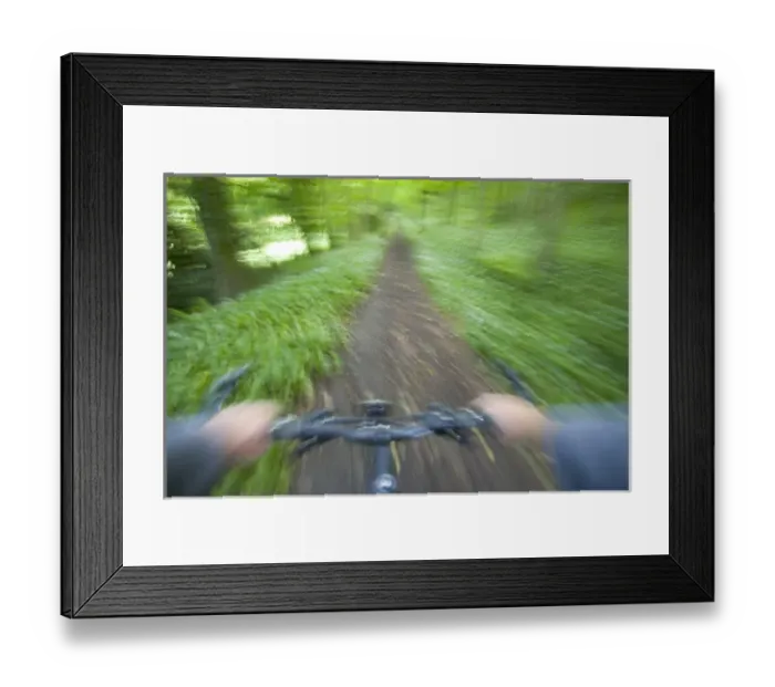 Framed Print : View from bicycle along wooded track, Uley, Gloucestershire, England, UK Framed Print : View from bicycle along wooded track, Uley, Gloucestershire, England, UK