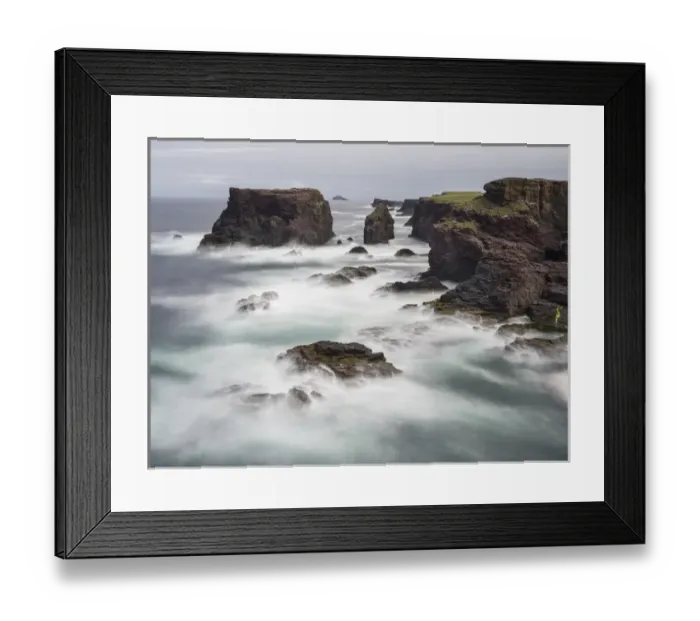 Framed Print : Landscape on the Eshaness peninsula. The famous cliffs and sea stacks of Eshness