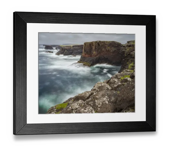 Framed Print : Landscape on the Eshaness peninsula. The famous cliffs and sea stacks of Eshness