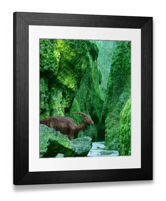 Framed Print : Concept of Parasaurolophus dinosaur in prehistoric canyon Framed Print : Concept of Parasaurolophus dinosaur in prehistoric canyon