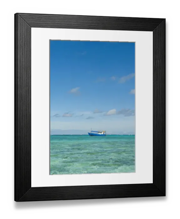 Framed Print : Fishing boat in the turquoise waters of the blue lagoon, Yasawas, Fiji, South Pacific