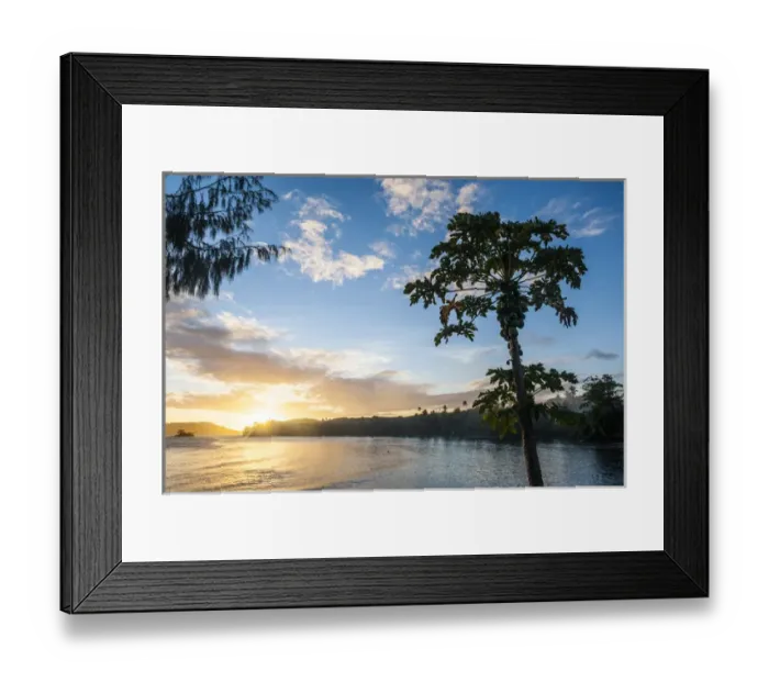 Framed Print : Sunset over the beach of Safe Landing resort, Nacula island, Yasawas, Fiji, South Pacific