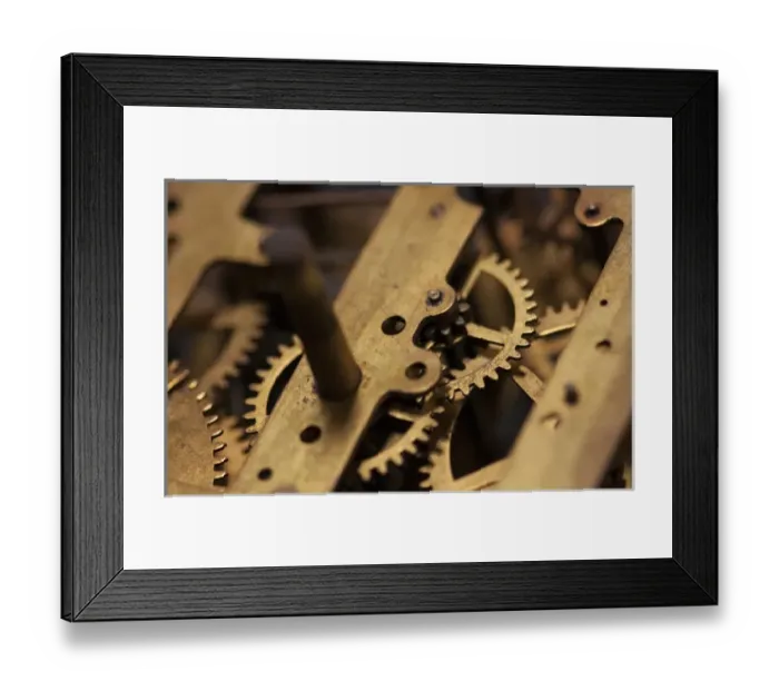 Framed Print : Close Up abstract of internal moving parts of an old watch with brass wheels of an
