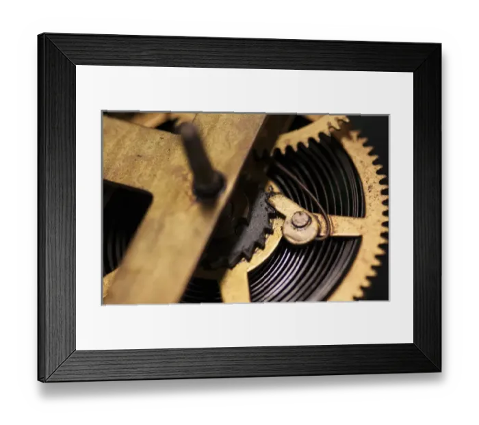 Framed Print : Close Up abstract of internal moving parts of an old watch with brass wheels of an