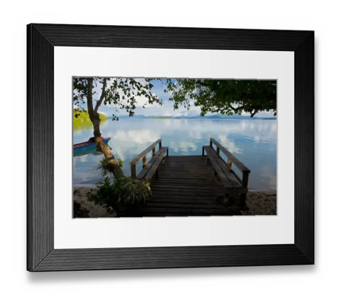 Framed Print : Pier of an ecolodge above the water of the Marovo Lagoon, Salomon Islands, Pacific