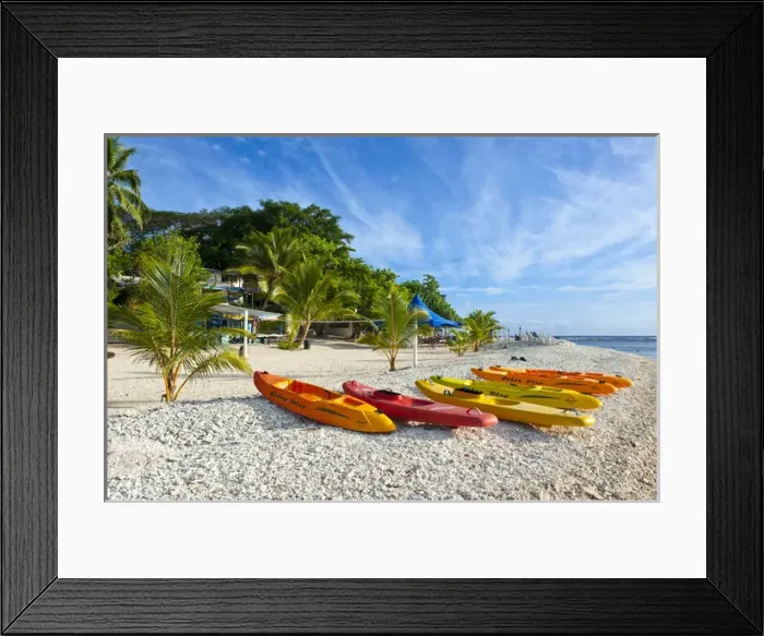 Framed Print : Kajaks at the white sand beach of Hideaway island near Port Vila, Island of Efate