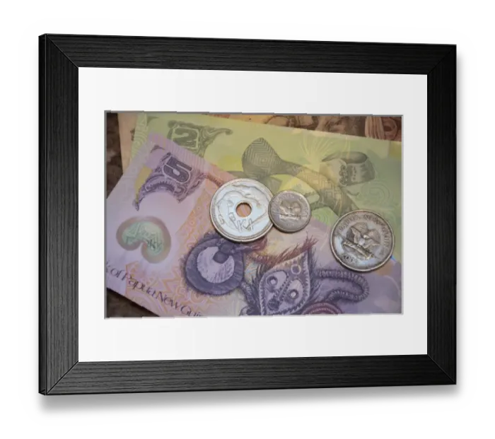 Framed Print : Melanesia, Papua New Guinea. Village of Vanimo. Colorful PNG money, the Kina, five Kina