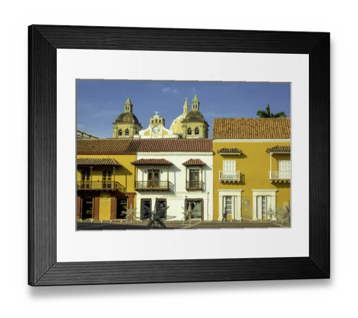 Framed Print : Colorful buildings and church domes in the Plaza de la Aduana, Old City, Cuidad Vieja