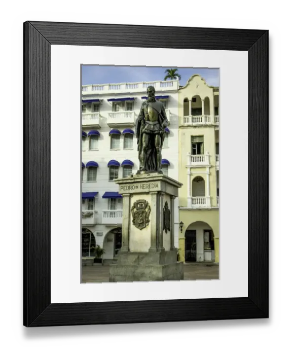 Framed Print : Pedro de Heredia, founder of Cartagena, still stands watch over the Plaza de los Coches
