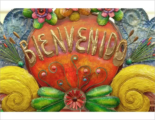 Mexico, San Miguel de Allende. A colorful metal sign saying Welcome is