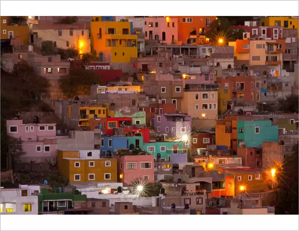 North America, Mexico, Guanajuato. The colorful homes and buidings of Guanajuato at night