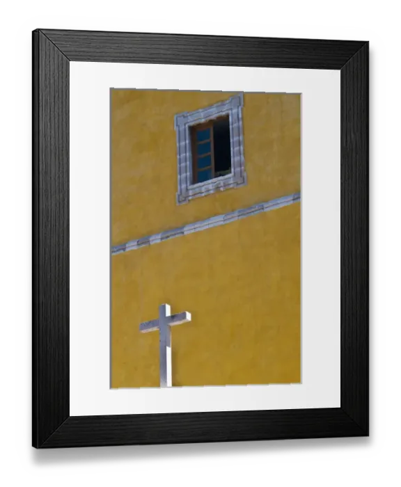 Framed Print : North America, Mexico, Guanajuato. White cross against a yellow church wall with