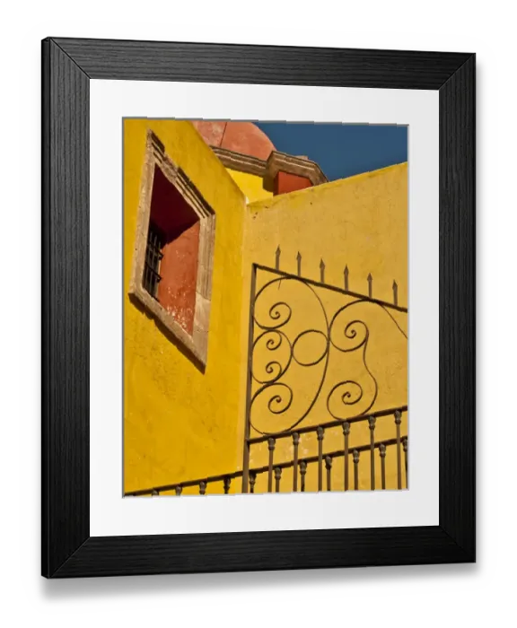 Framed Print : North America, Mexico, Guanajuato. Wrought iron fence against a yellow church wall Framed Print : North America, Mexico, Guanajuato. Wrought iron fence against a yellow church wall