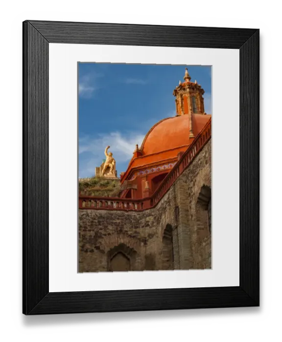 Framed Print : North America, Mexico, Guanajuato Looking up past a church roof top to the monument Framed Print : North America, Mexico, Guanajuato Looking up past a church roof top to the monument