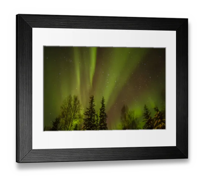 Framed Print : USA, Alaska. Aurora borealis over forest