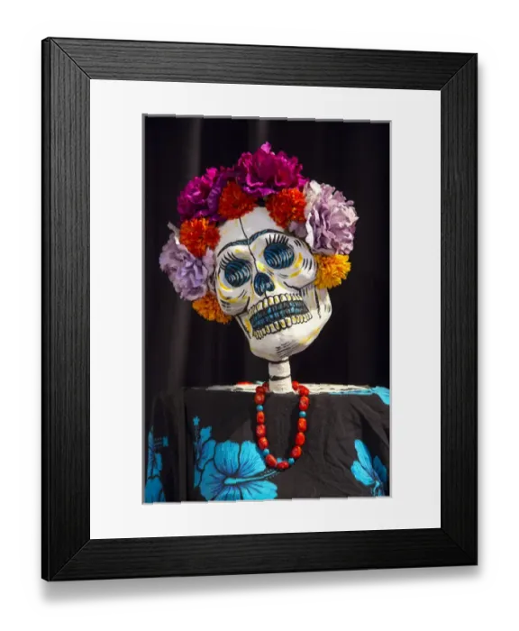 Framed Print : USA, Arizona, Phoenix, Desert Botanical Garden. Art of skeleton with hair made of flowers Framed Print : USA, Arizona, Phoenix, Desert Botanical Garden. Art of skeleton with hair made of flowers