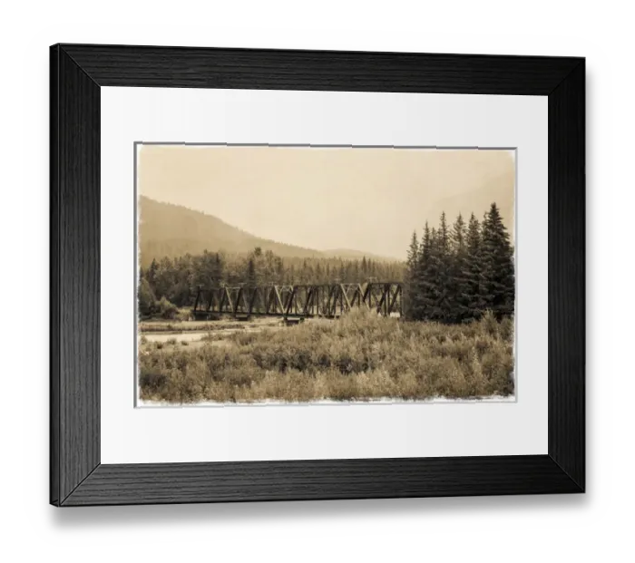 Framed Print : An iron rail crossing bridge in vintage sepia, Alaska Framed Print : An iron rail crossing bridge in vintage sepia, Alaska